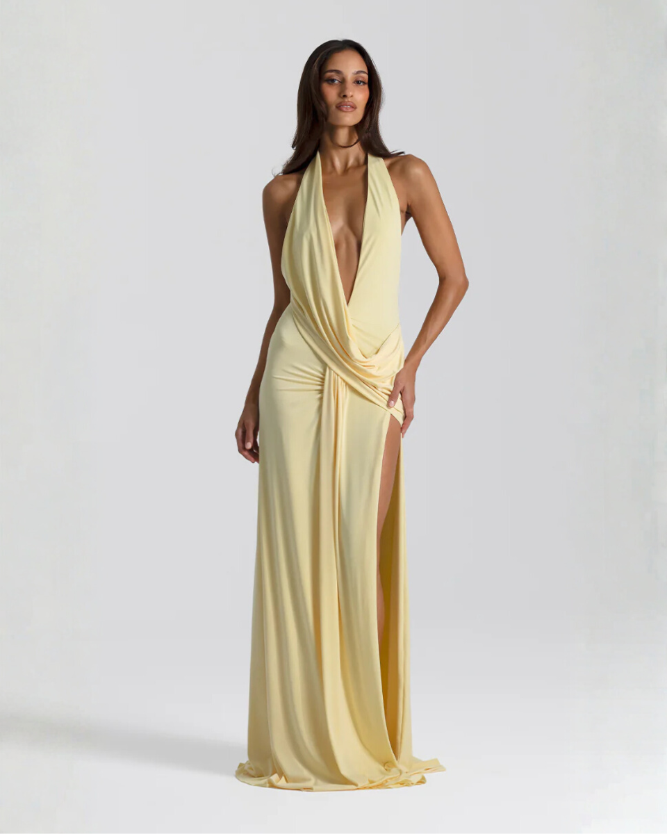 Damen Halterneck rückenfrei Maxi-Kleid
