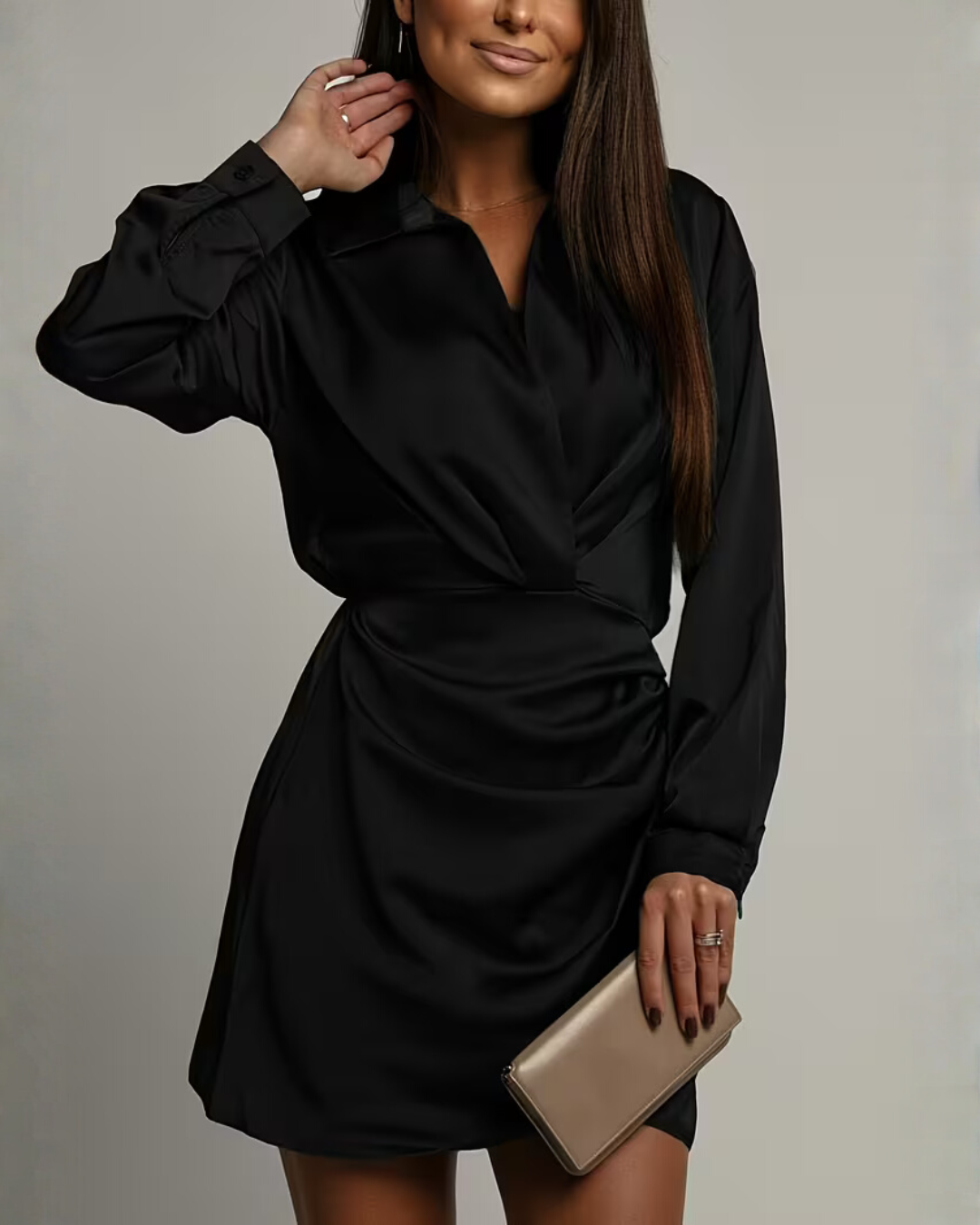 Damen Langarm Wickel Mini-Kleid