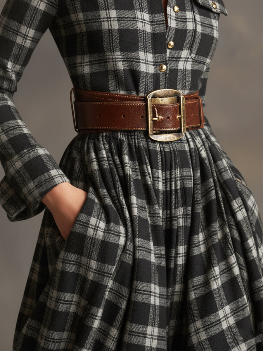 Damen Maxikleid mit Karomuster und Gürtel