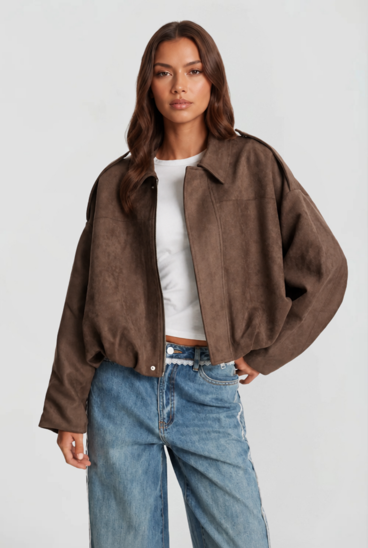 Damen kurze Oversized-Jacke mit Reißverschluss und Umlegekragen