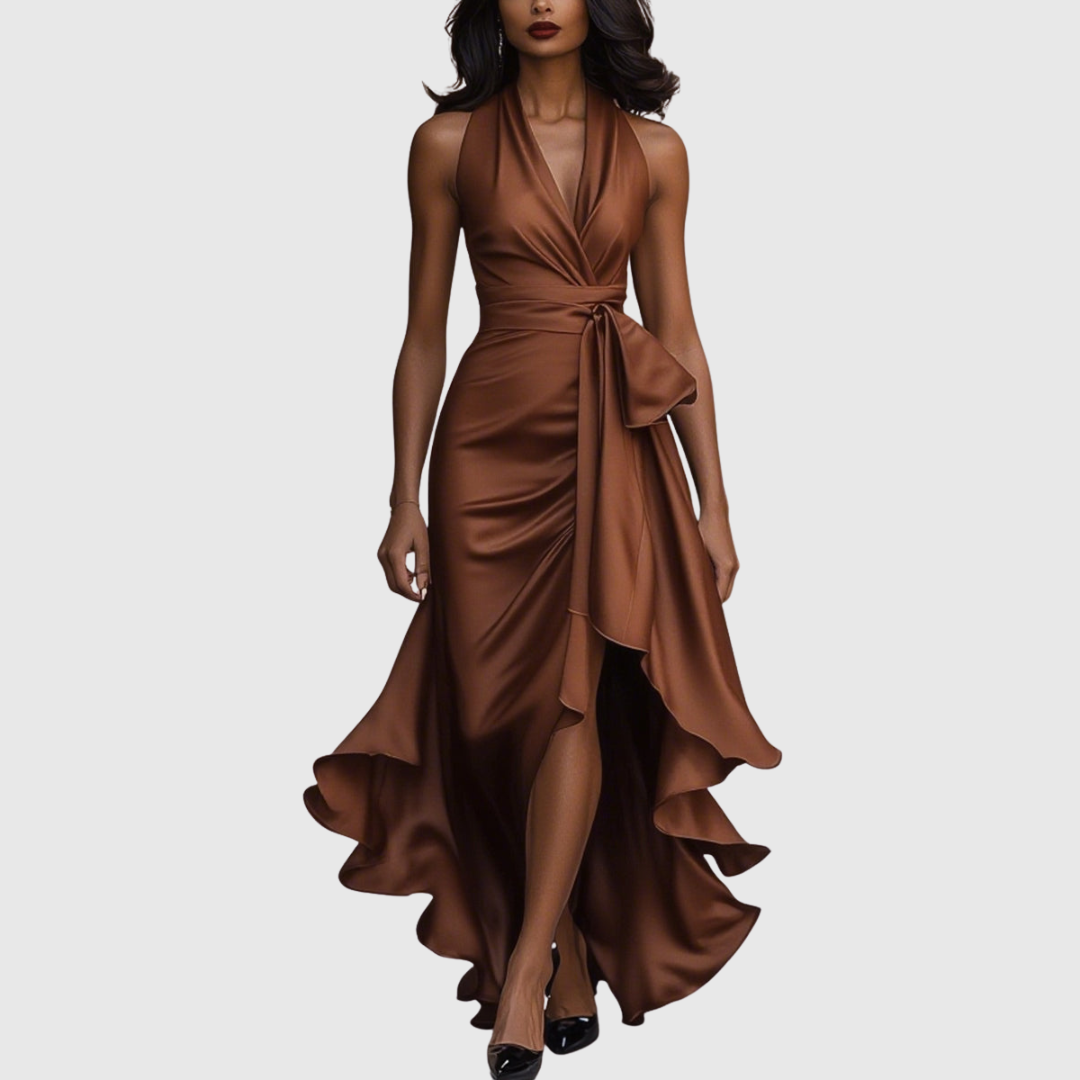 Damen Satin Wickel Maxikleid
