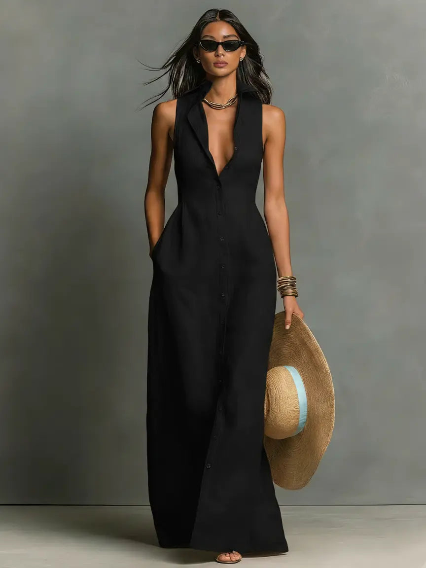 Damen Hemdblusen Maxikleid ärmellos