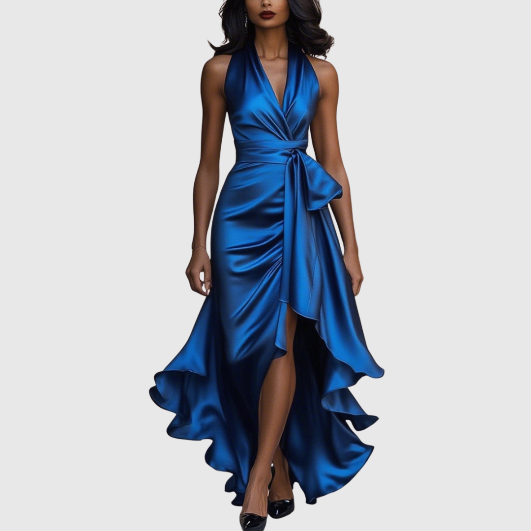 Damen Satin Wickel Maxikleid