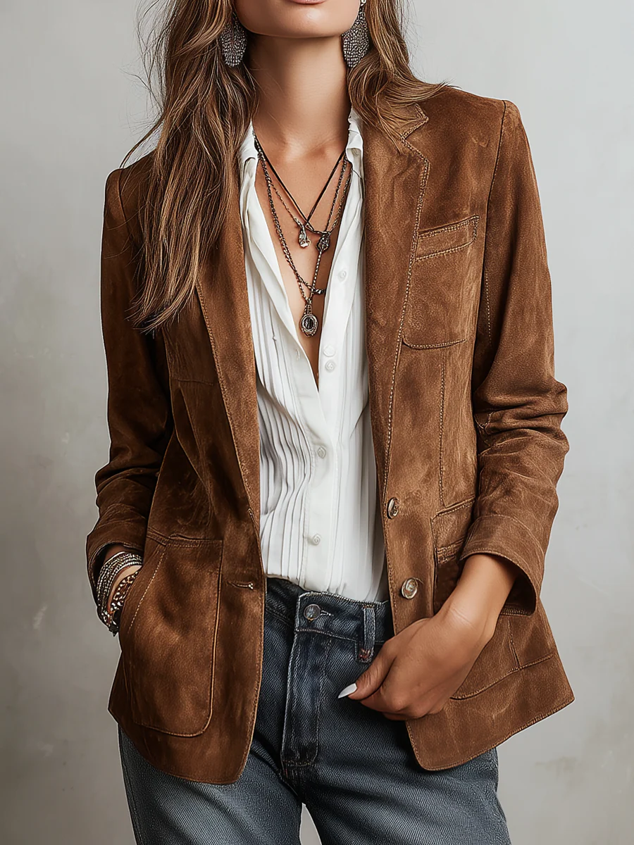 Damen Jacke im Wildleder-Look mit Knopfleiste braun