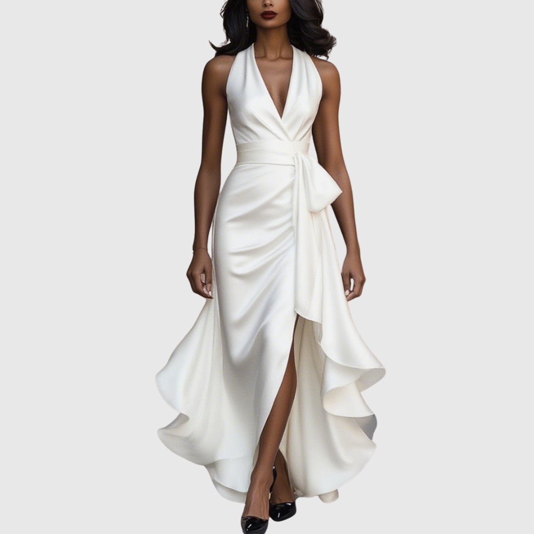 Damen Satin Wickel Maxikleid