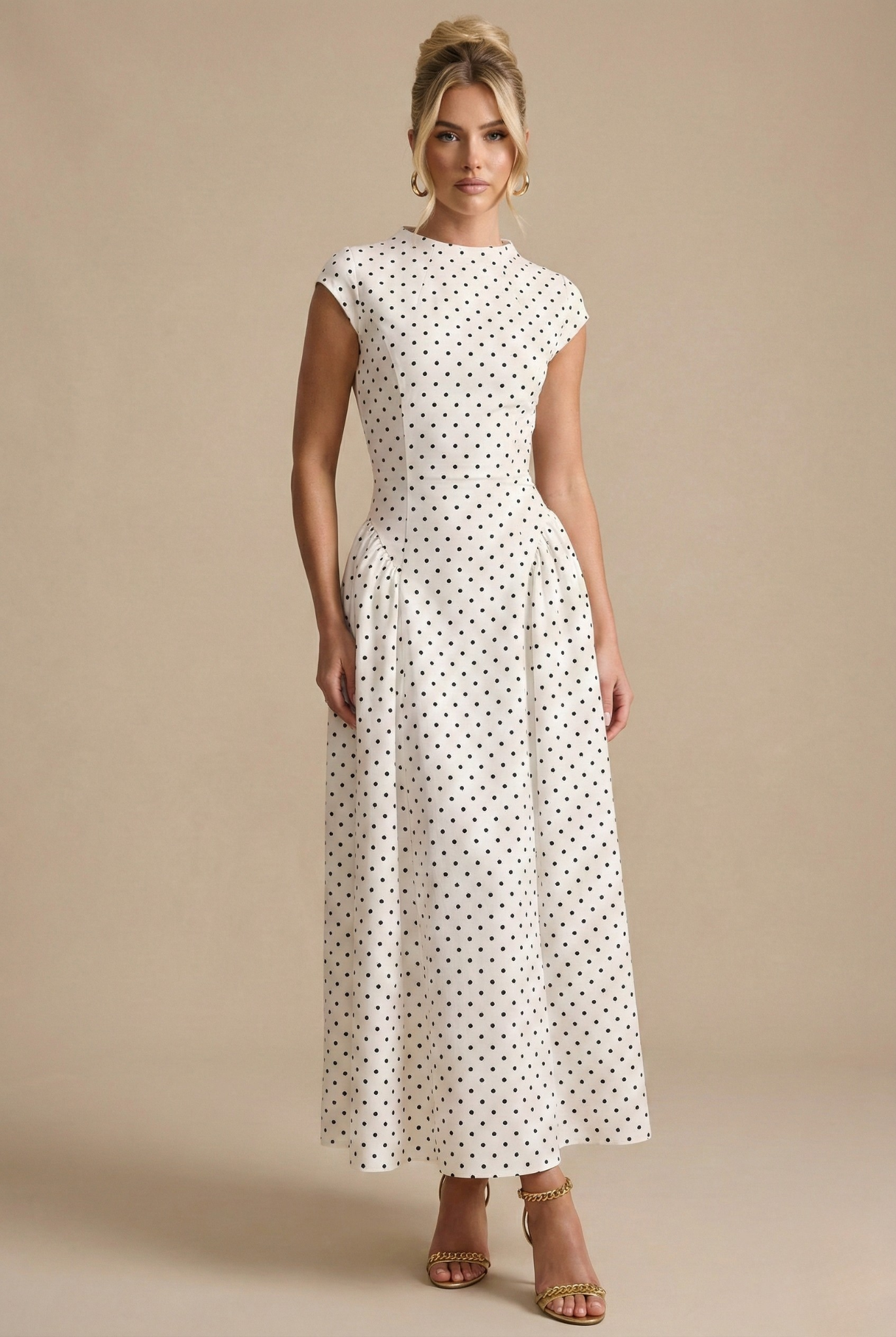 Damen Maxikleid Tupfen Rundhals A-Linie
