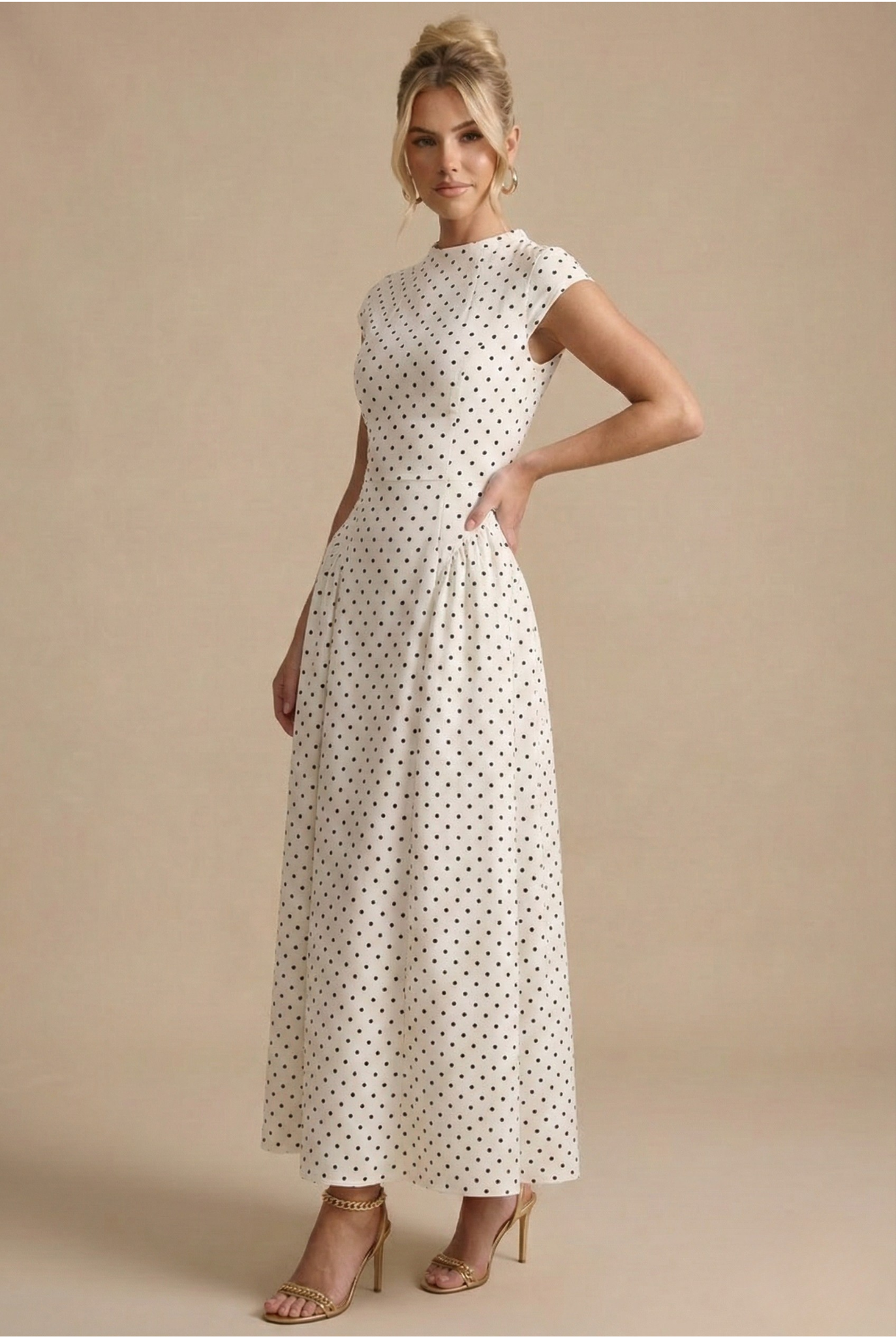 Damen Maxikleid Tupfen Rundhals A-Linie