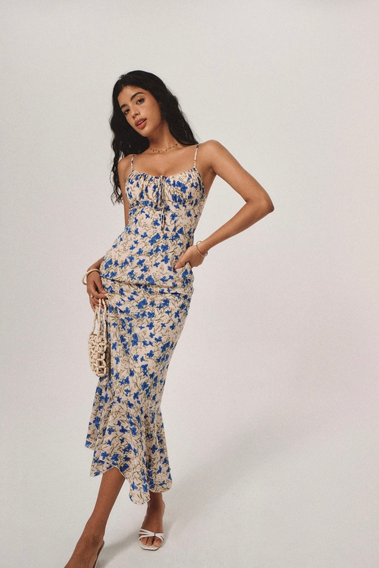 Damen Blumenprint Midikleid in Blau