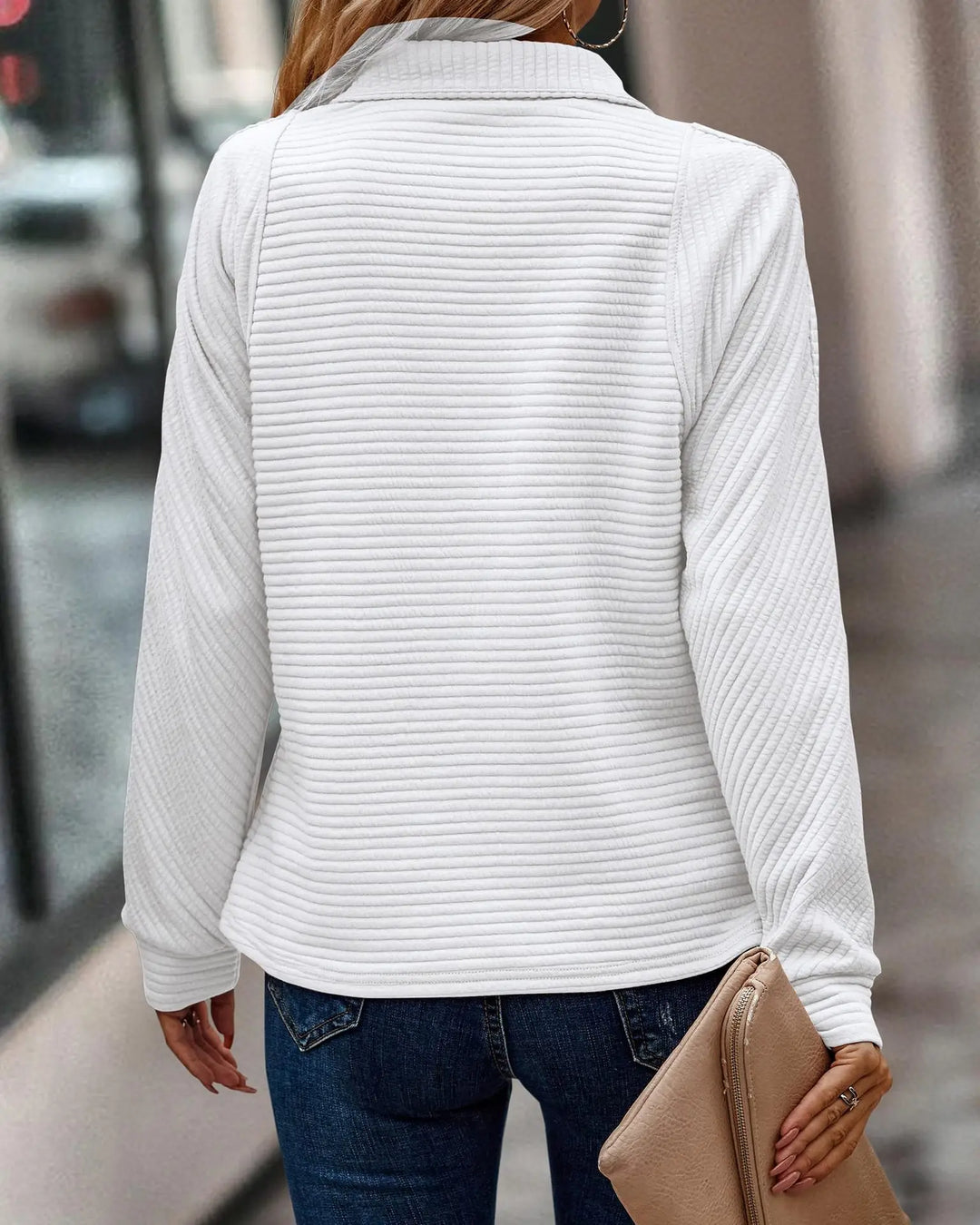 Damen Zip-Pullover mit hohem Kragen und Rippstrick