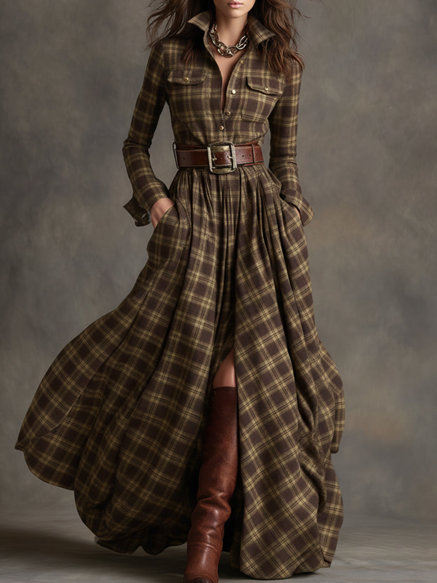Damen Maxikleid mit Karomuster und Gürtel