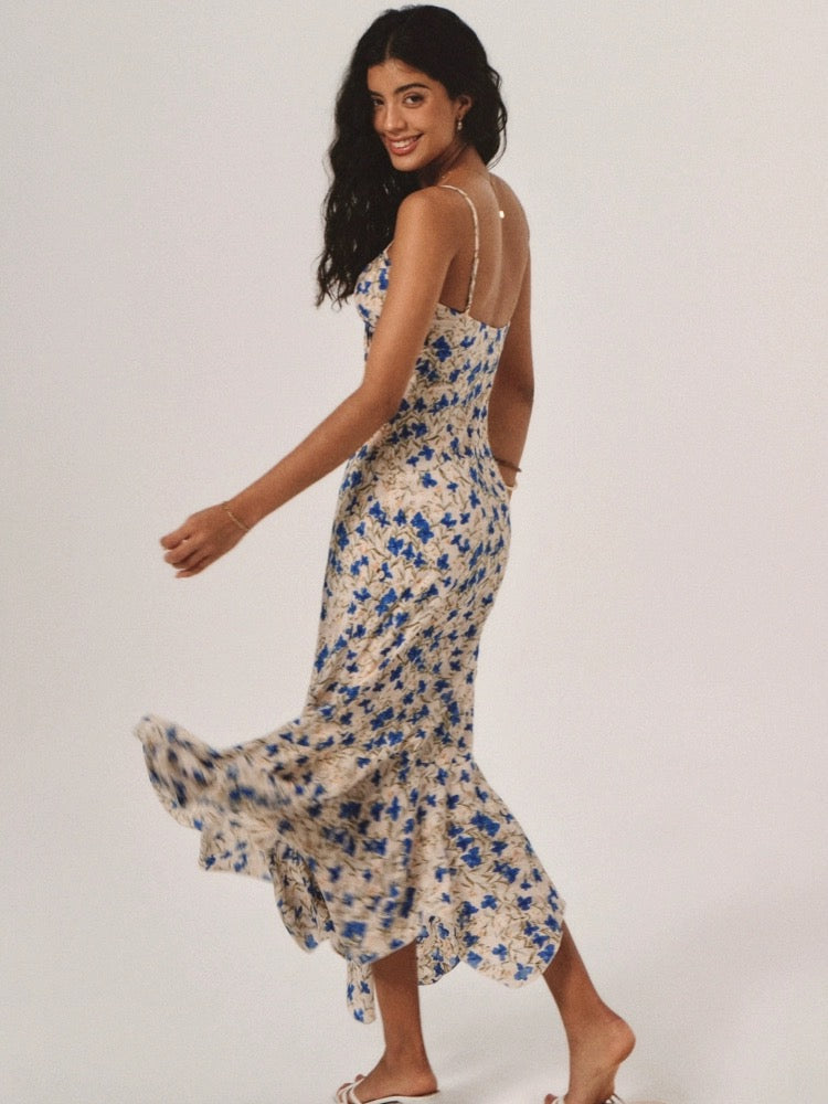 Damen Blumenprint Midikleid in Blau