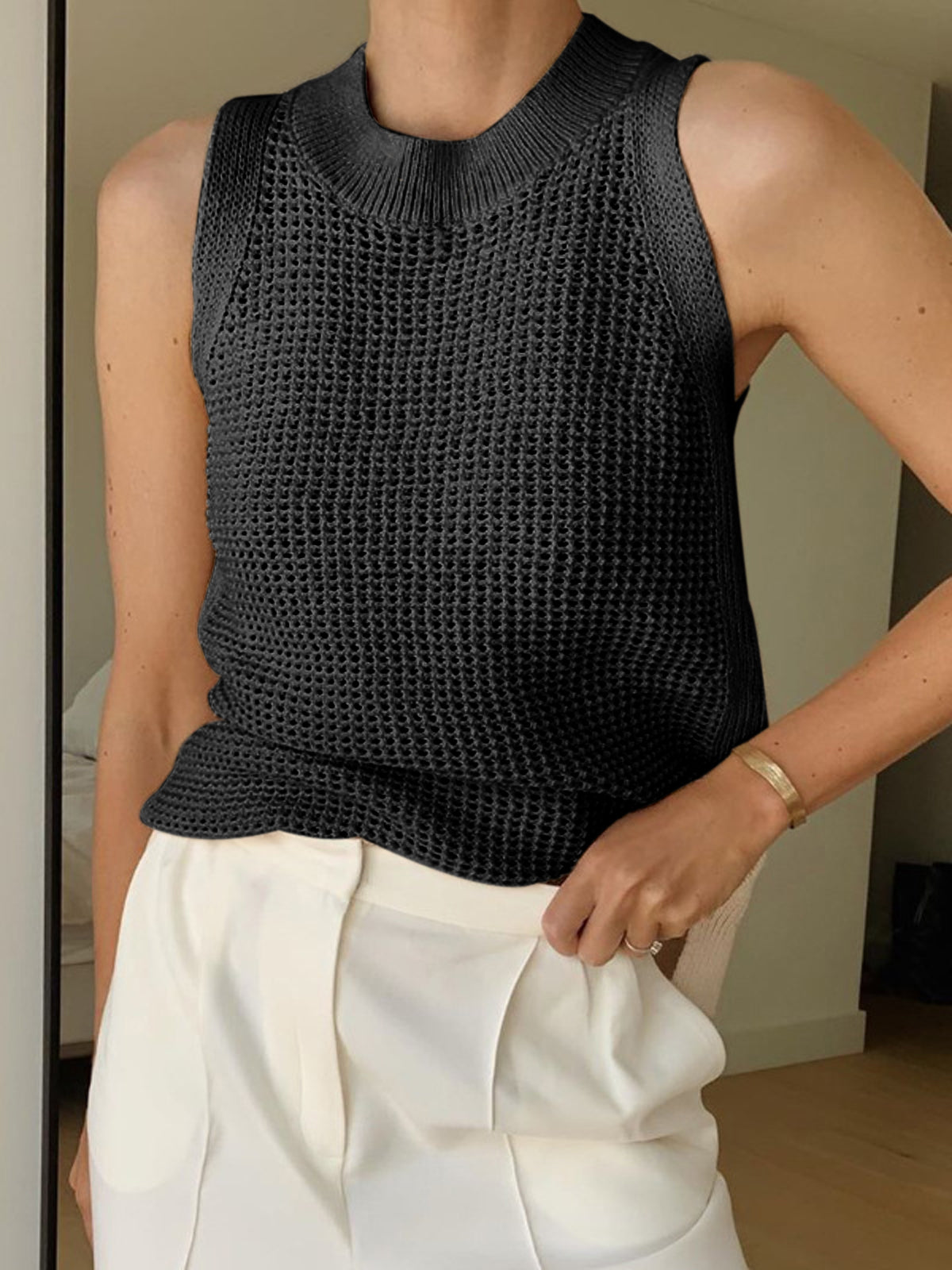 Damen Tanktop Strick Durchbrochen