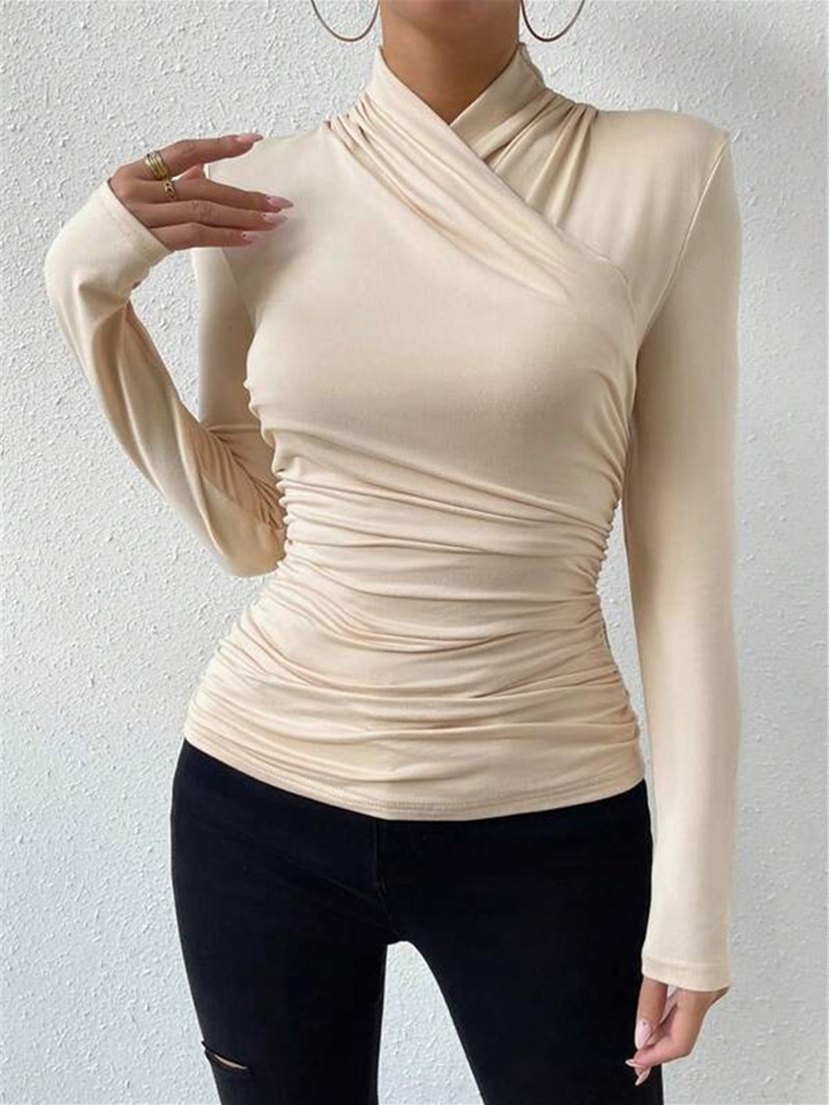 Damen Langarmshirt Falten Crossover-Kragen