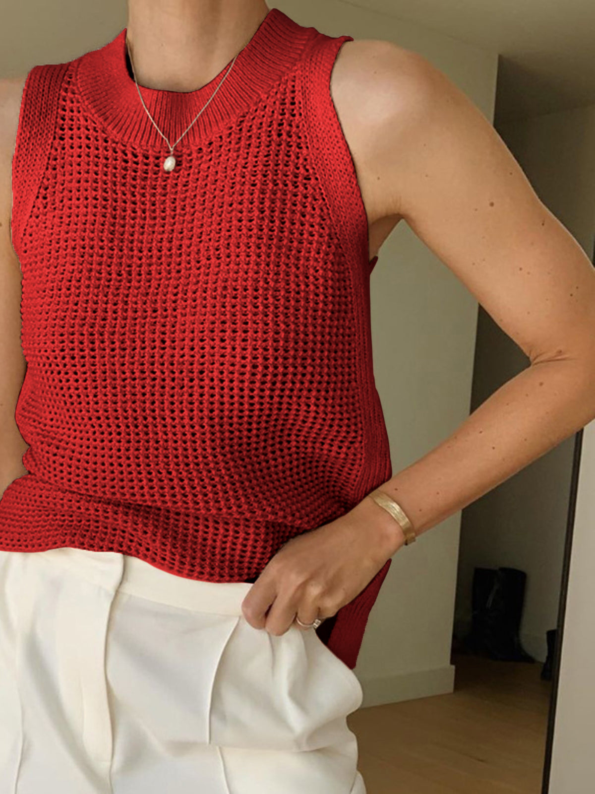 Damen Tanktop Strick Durchbrochen