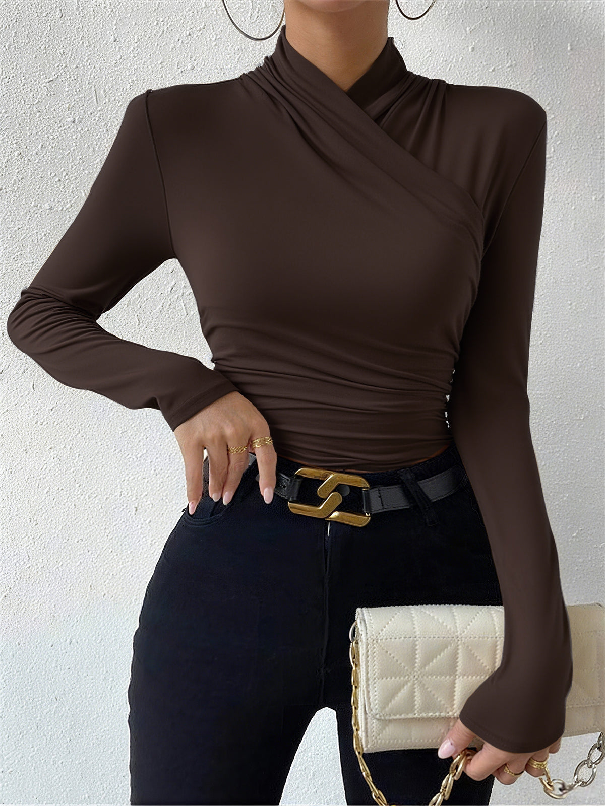 Damen Langarmshirt Falten Crossover-Kragen