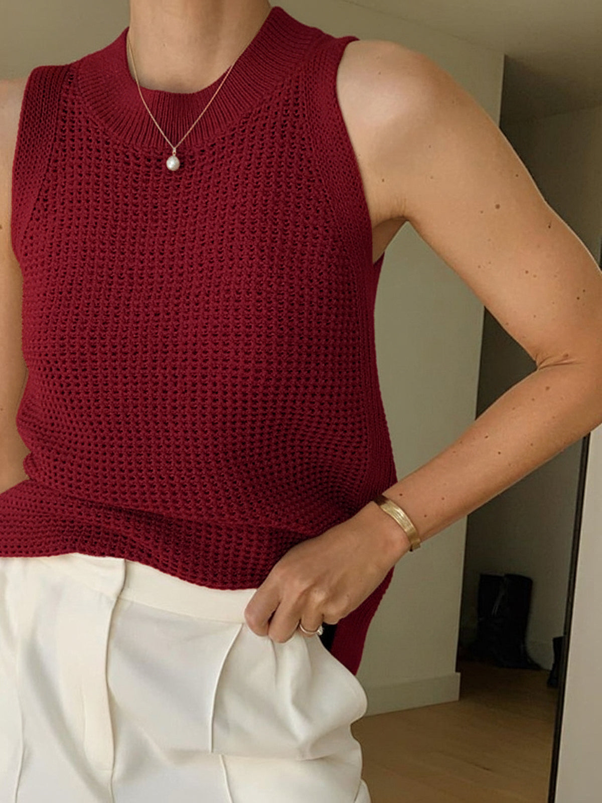 Damen Tanktop Strick Durchbrochen