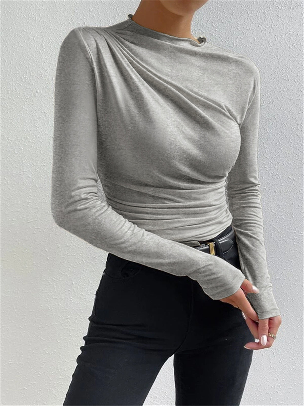 Damen Langarmshirt Raffung Rollkragen