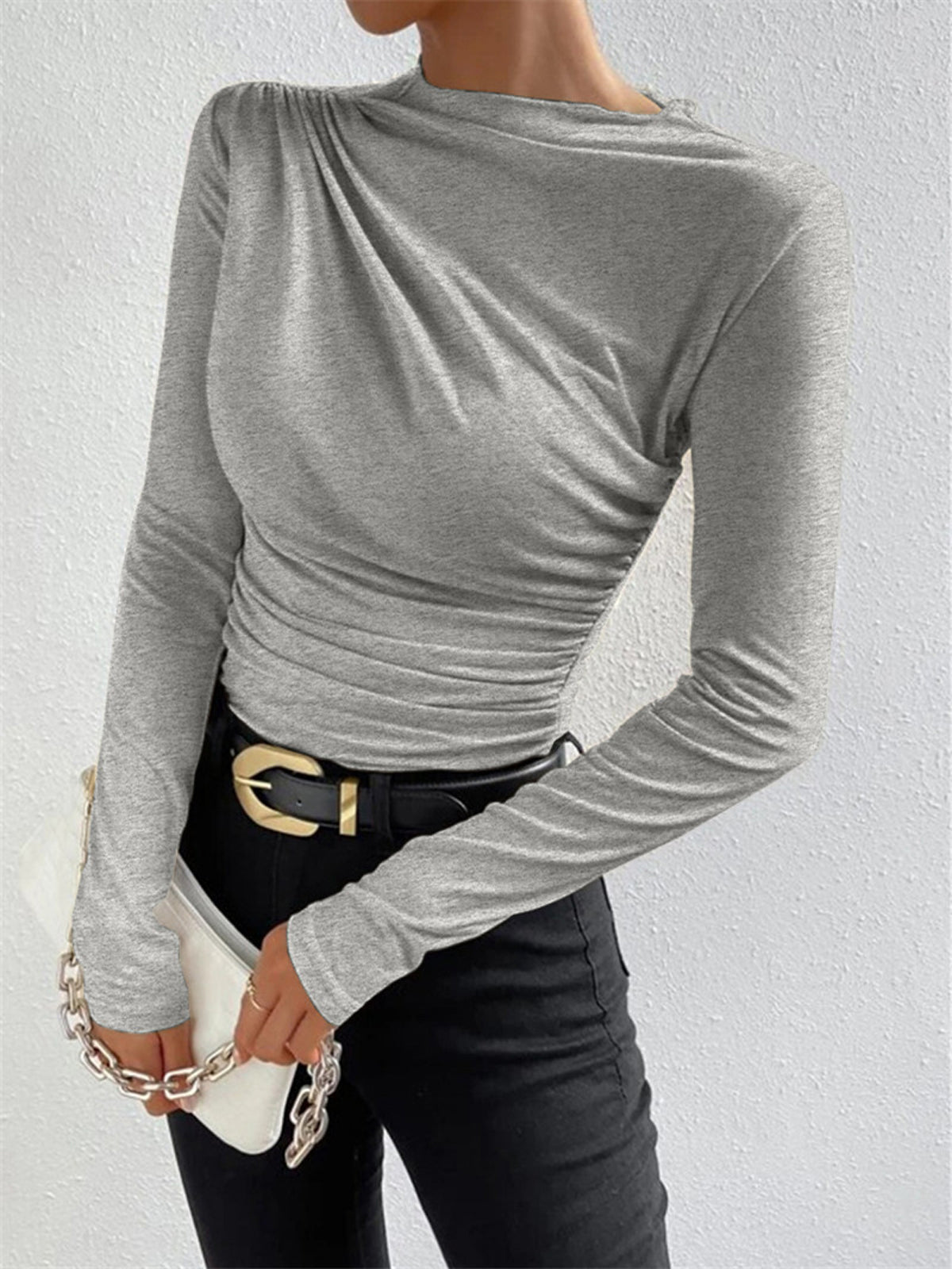 Damen Langarmshirt Raffung Rollkragen
