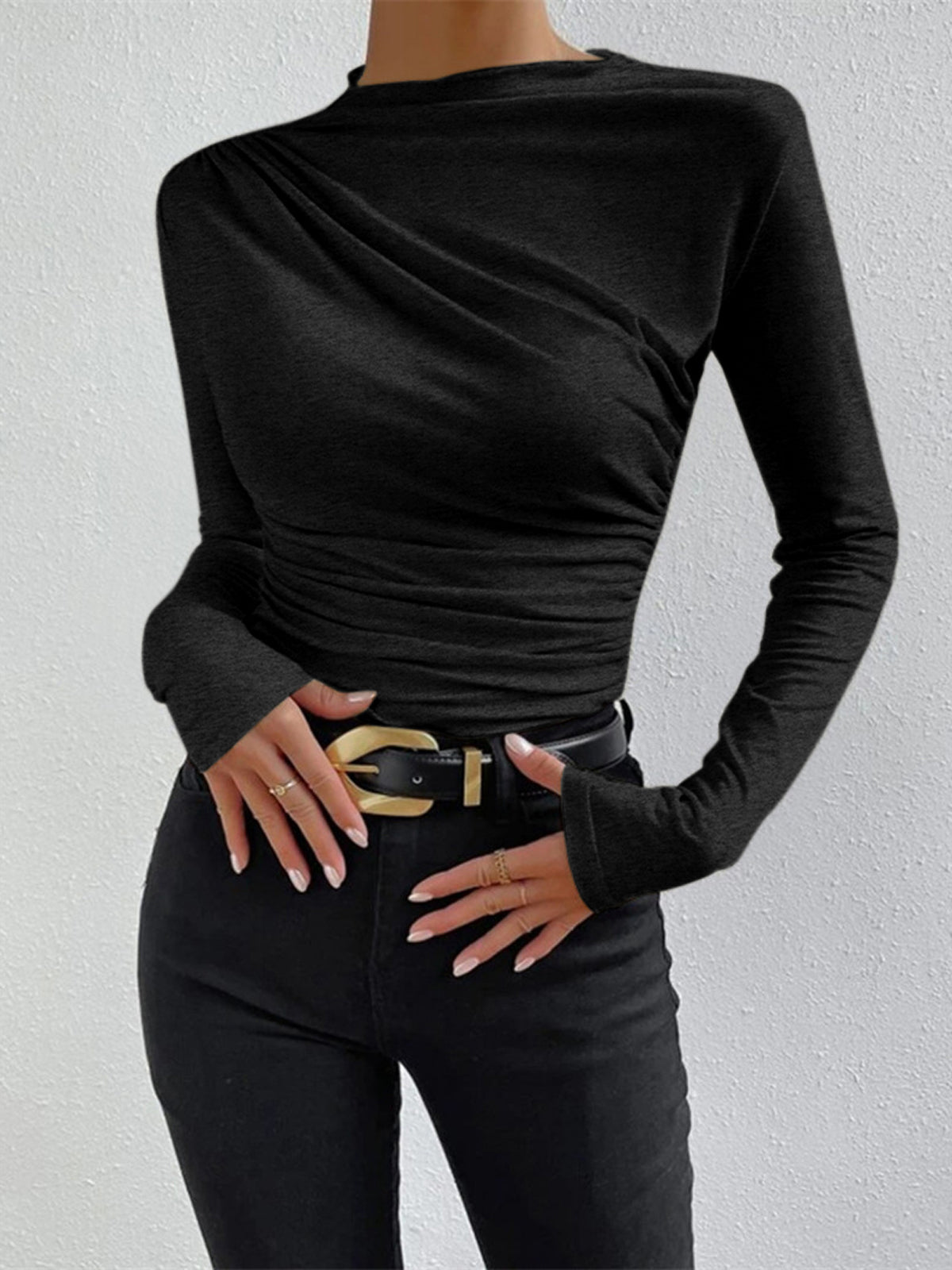 Damen Langarmshirt Raffung Rollkragen