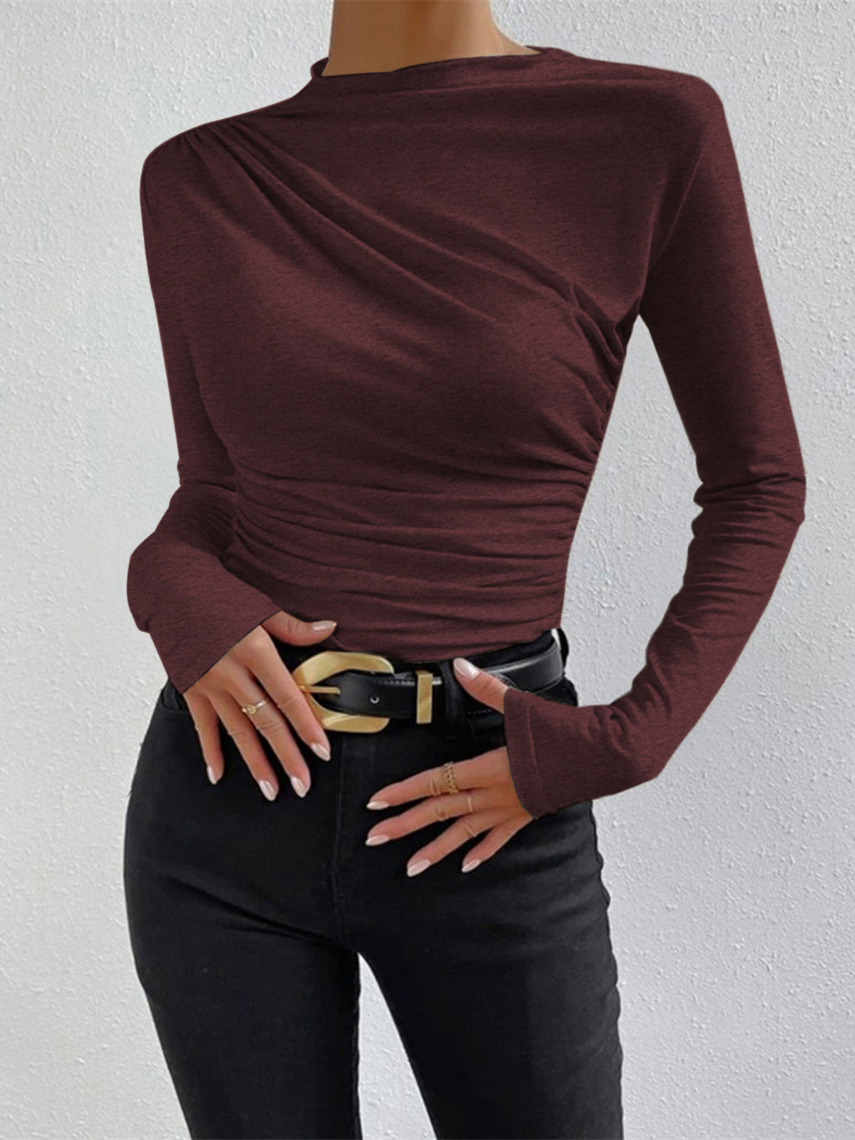 Damen Langarmshirt Raffung Rollkragen