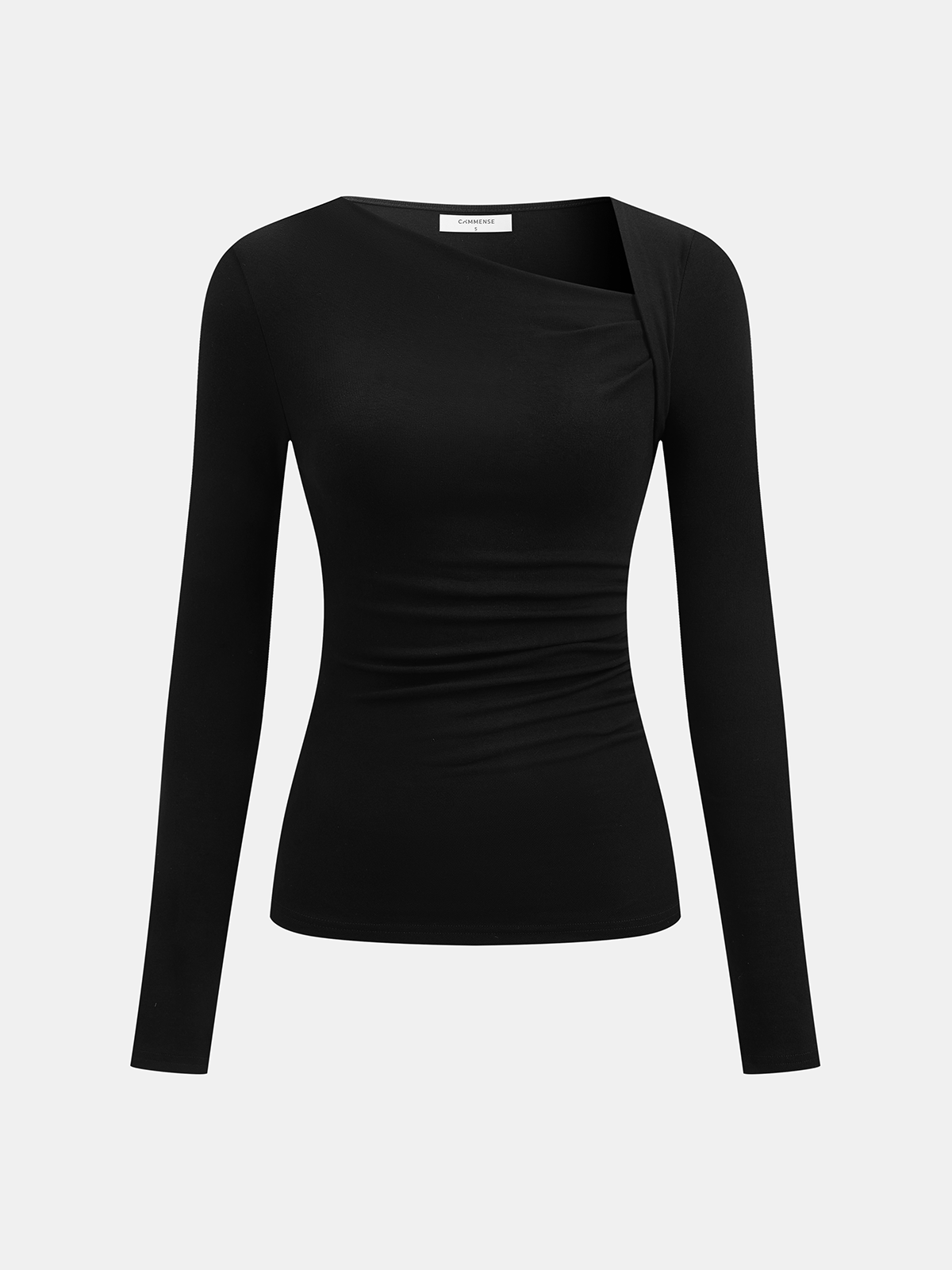 Damen schwarzes geripptes Langarm-Shirt mit asymmetrischem Ausschnitt