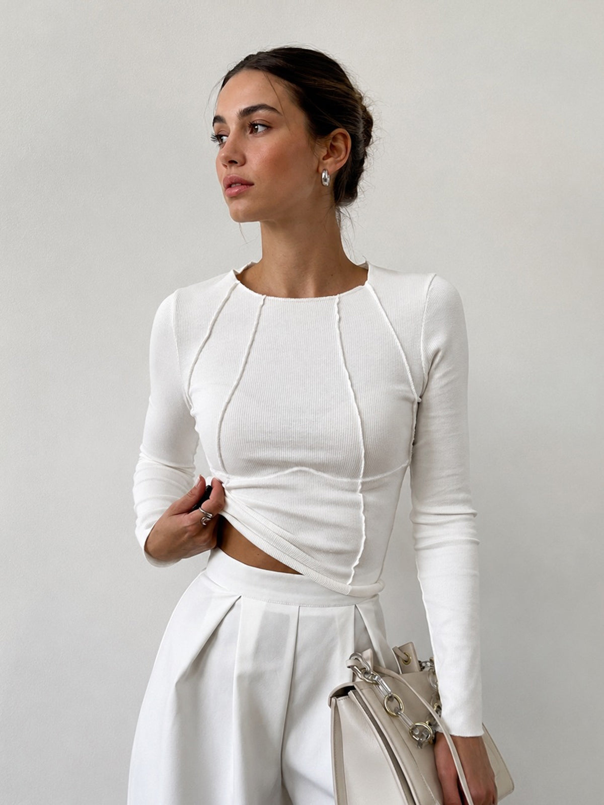 Damen Langarmshirt Gerippt Rundhals