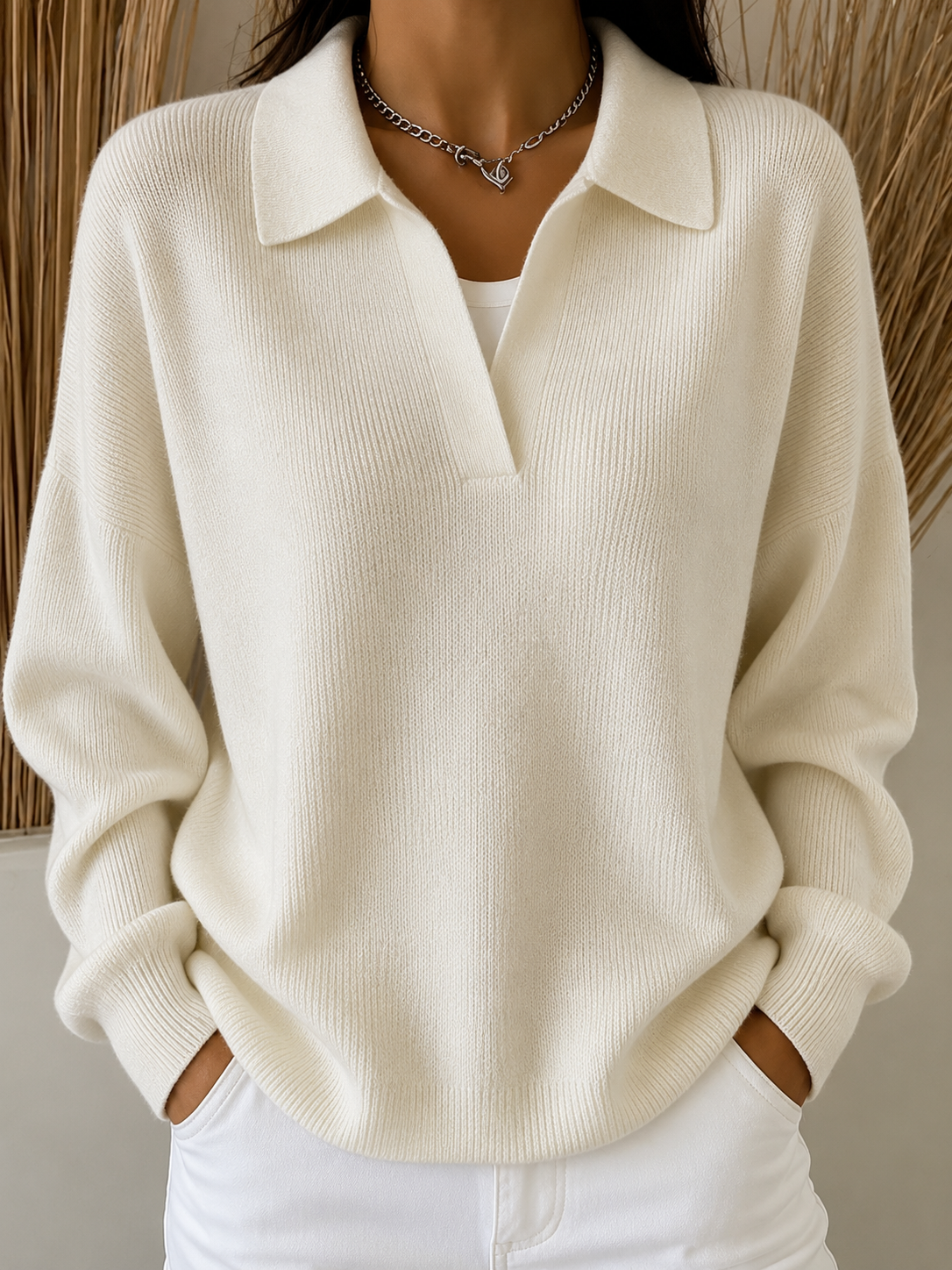 Damen lockerer Strickpullover mit offenem Kragen