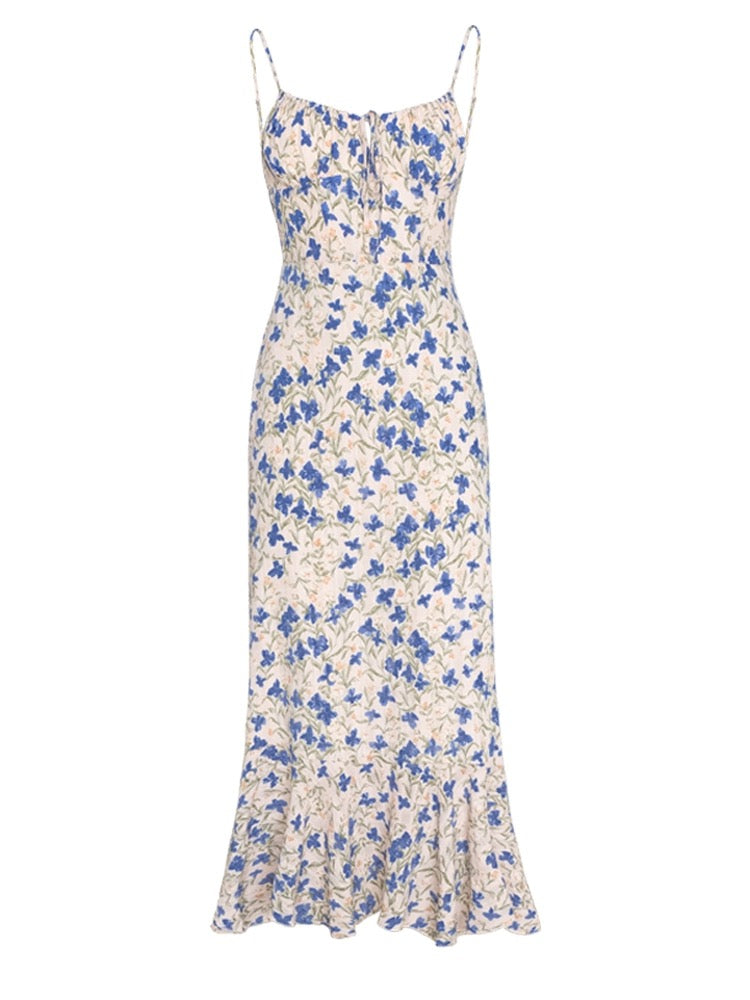 Damen Blumenprint Midikleid in Blau