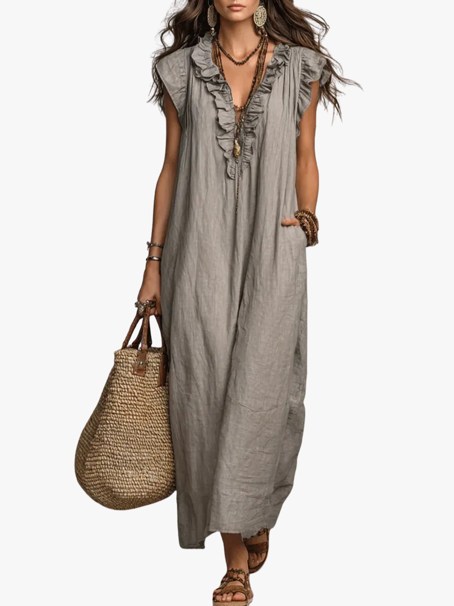 Damen Boho-Kleid aus Leinen-Baumwolle mit Volants