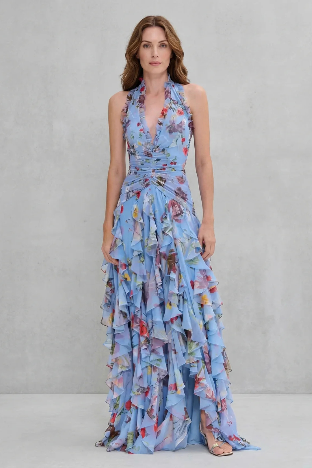 Damen Maxikleid mit Halter-Ausschnitt und Rosenprint
