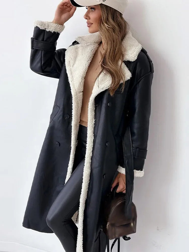 Damen langer Wintermantel mit Umlegekragen und Taschen