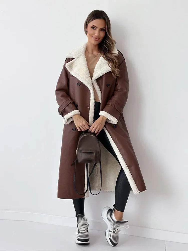 Damen langer Wintermantel mit Umlegekragen und Taschen