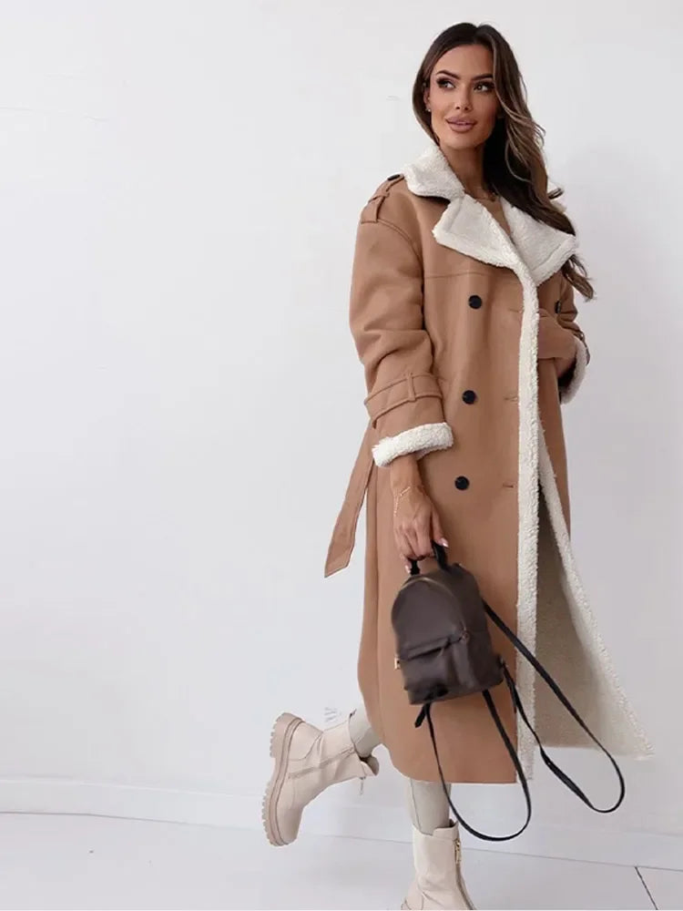 Damen langer Wintermantel mit Umlegekragen und Taschen