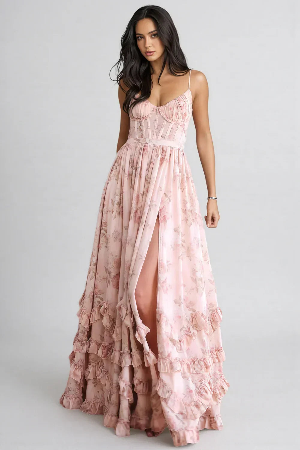 Damen Kleid mit hohem Schlitz und Rüschen
