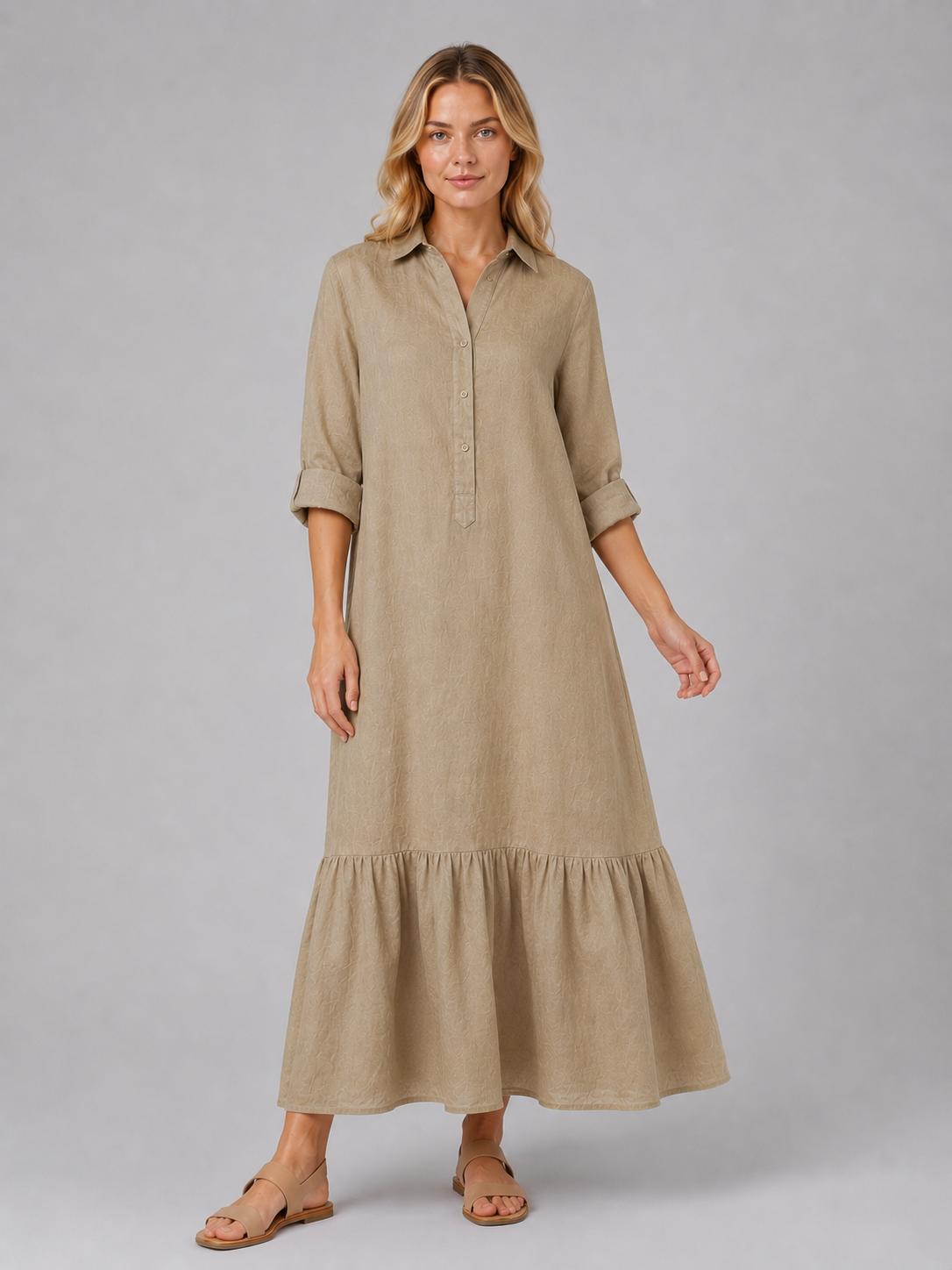 Damen Maxi Hemdblusenkleid aus Baumwollmischung