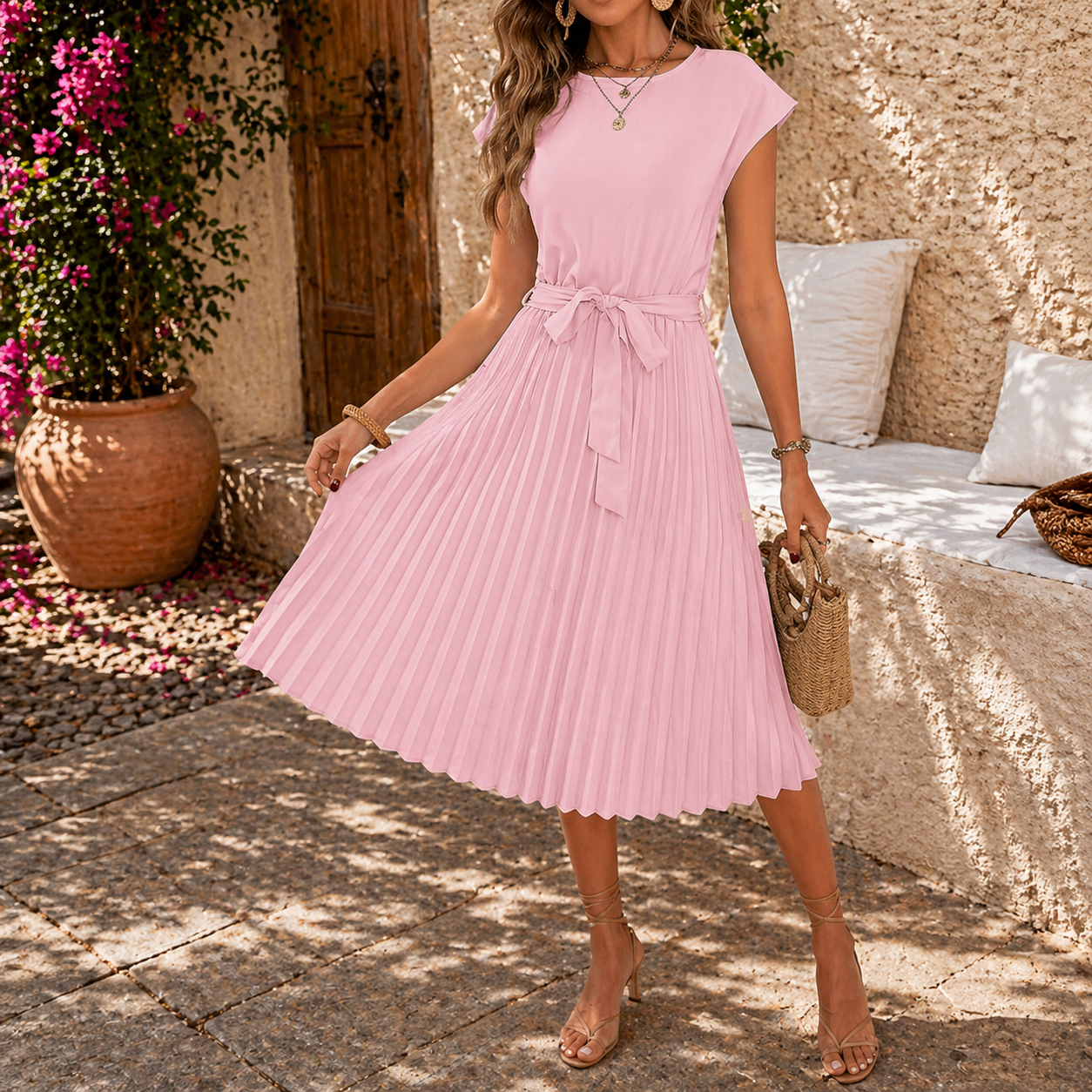 Damen Plissee Midikleid