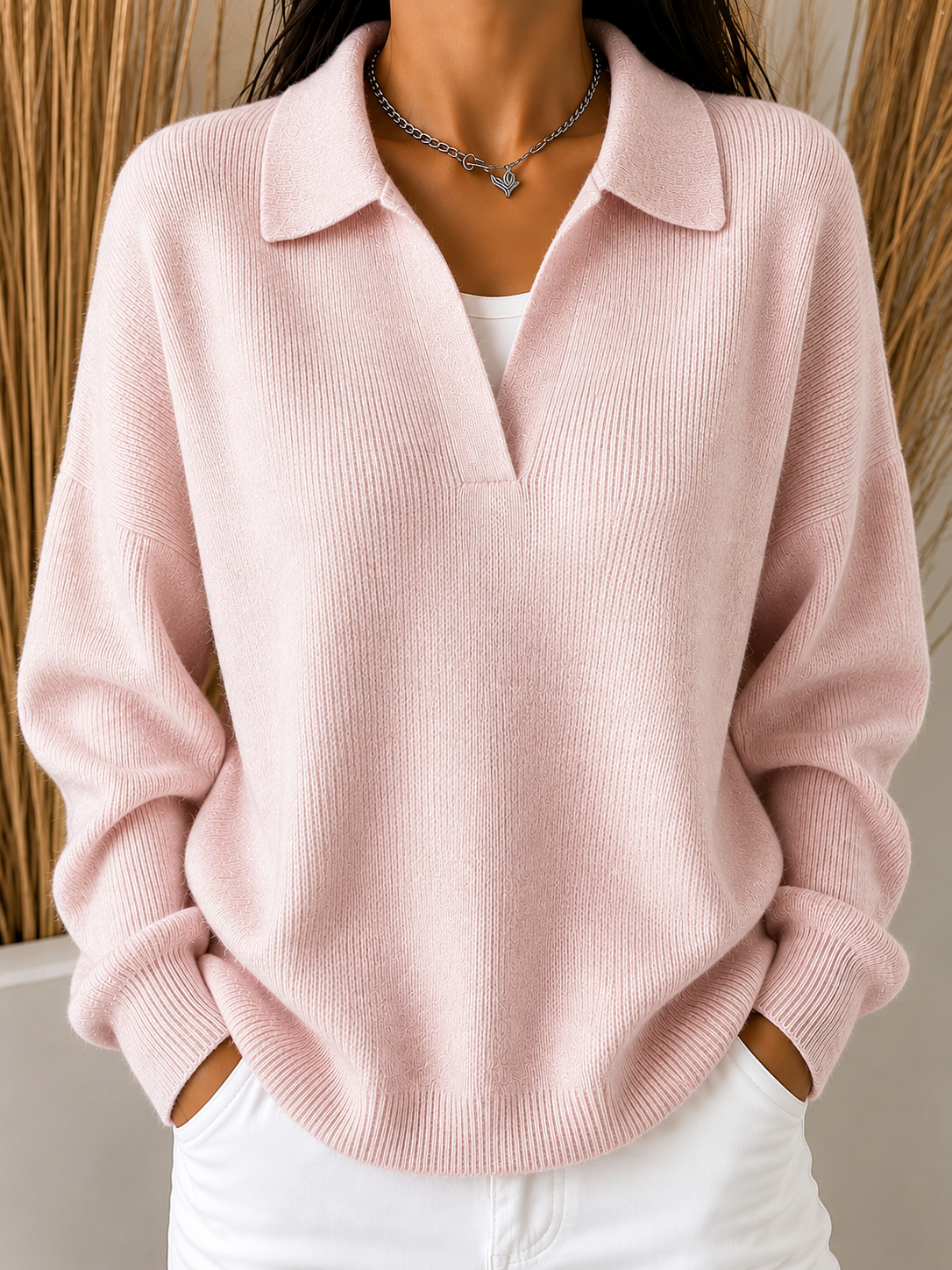 Damen lockerer Strickpullover mit offenem Kragen
