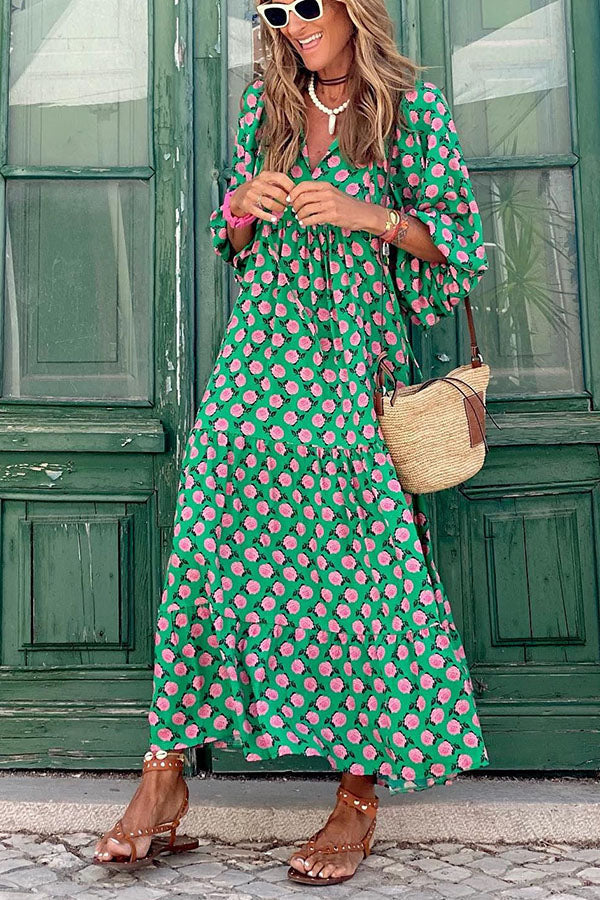 Damen Maxikleid mit Puffärmeln und V-Ausschnitt