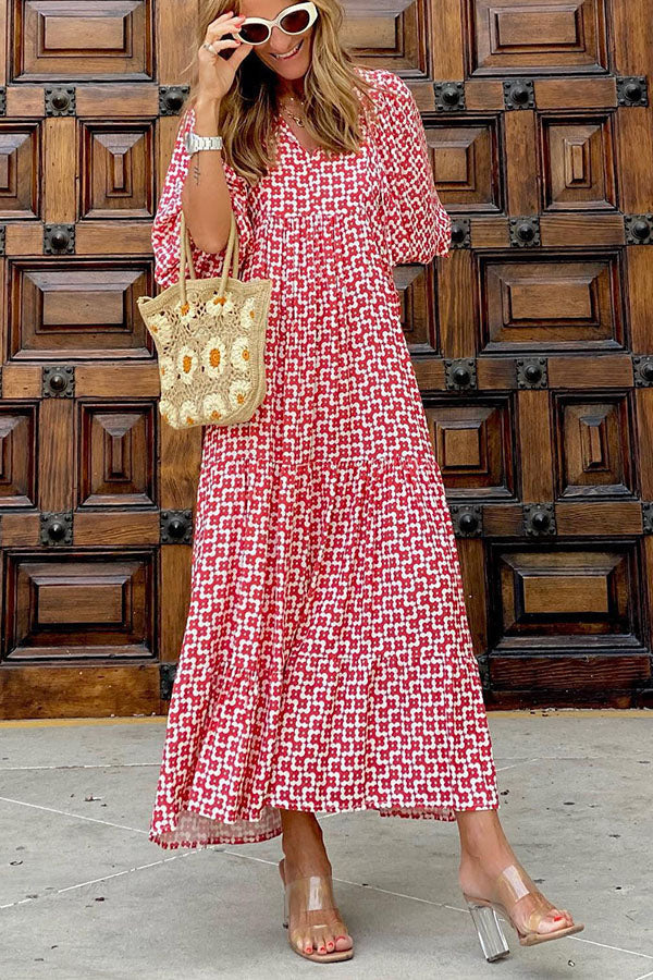 Damen Maxikleid mit Puffärmeln und V-Ausschnitt