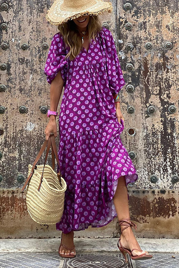 Damen Maxikleid mit Puffärmeln und V-Ausschnitt