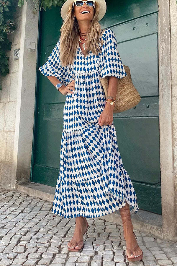 Damen Maxikleid mit Puffärmeln und V-Ausschnitt