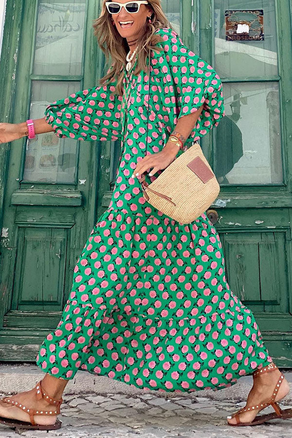 Damen Maxikleid mit Puffärmeln und V-Ausschnitt