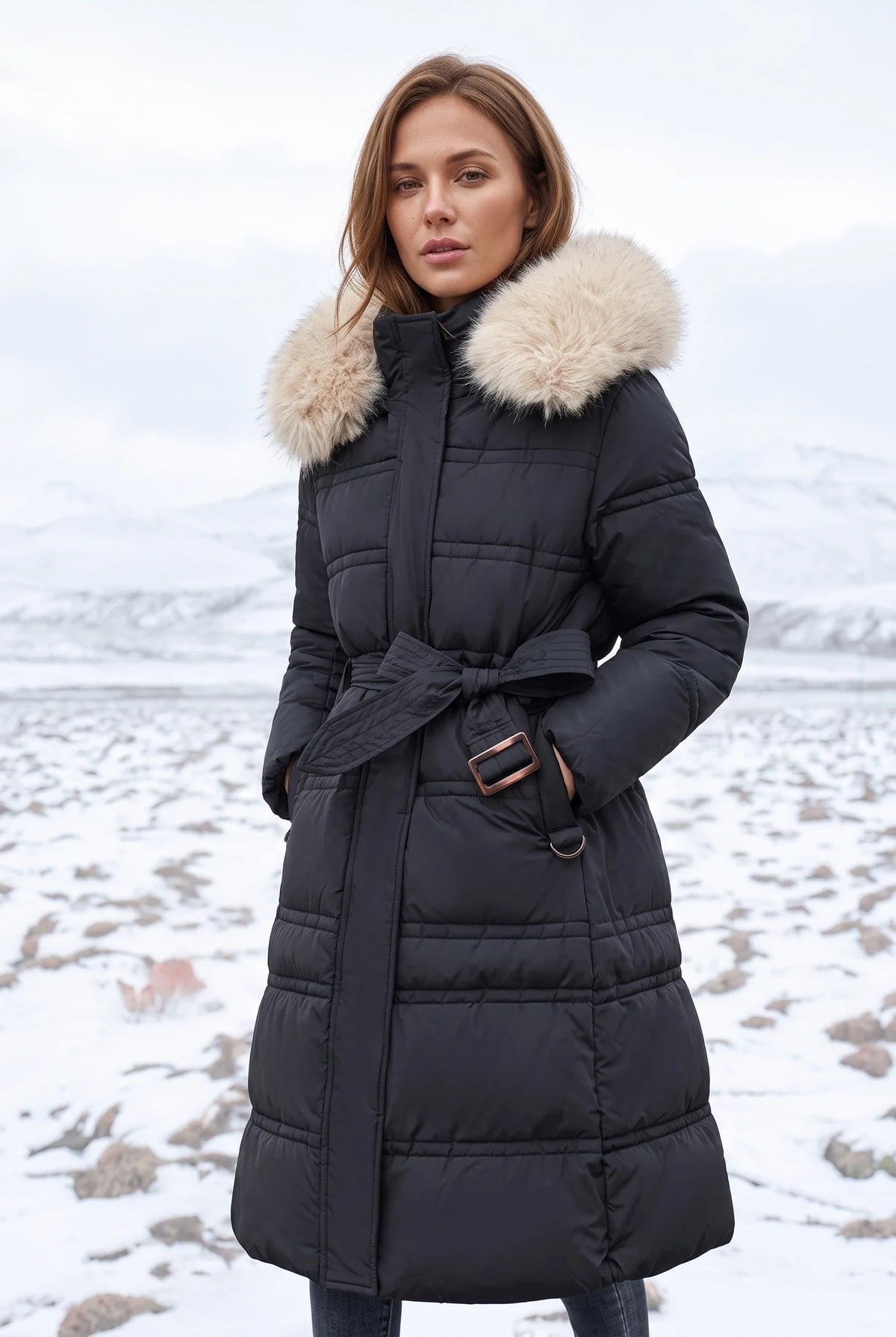Damen wasserabweisender Winterparka mit Kapuze und Bindegürtel