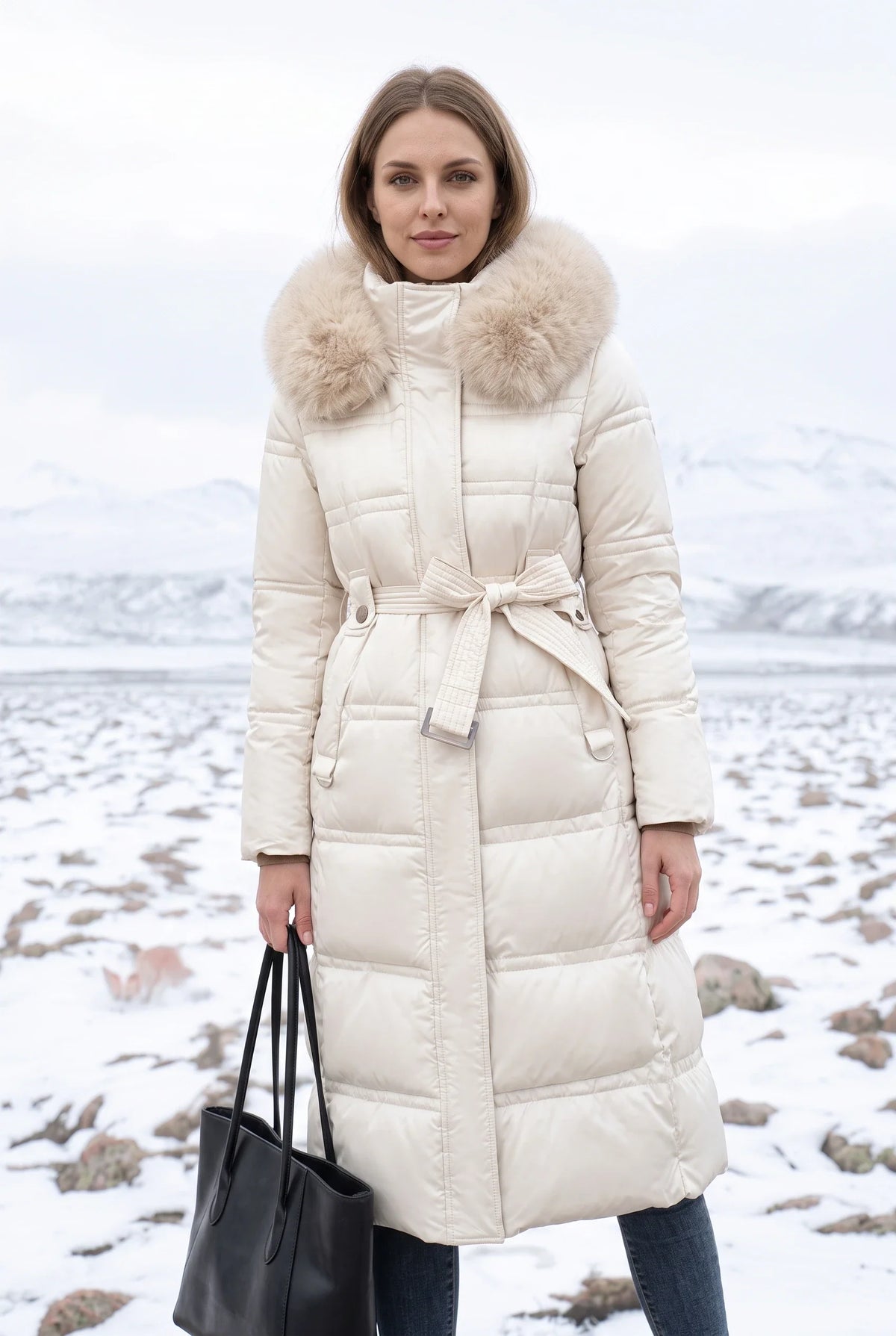 Damen wasserabweisender Winterparka mit Kapuze und Bindegürtel