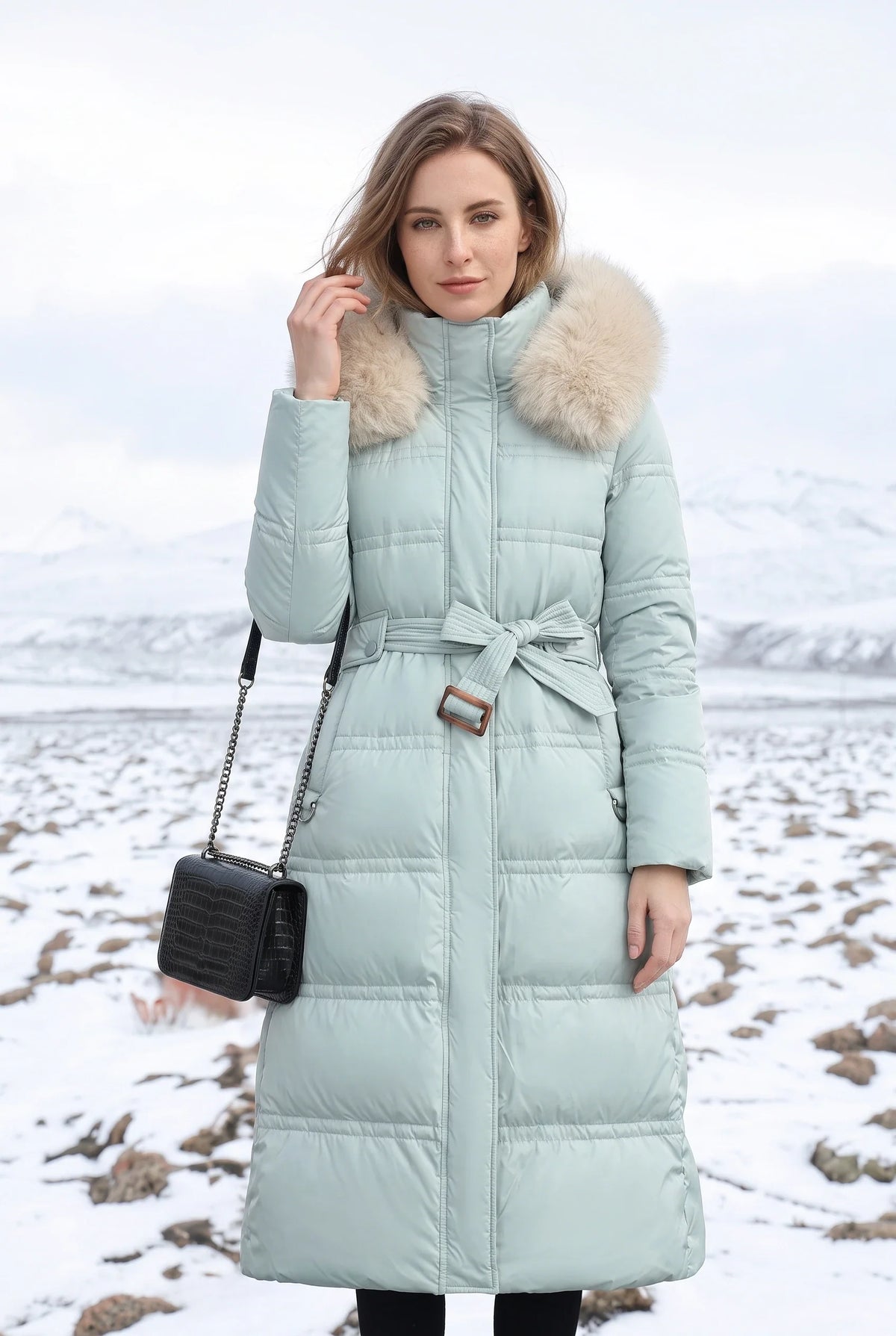 Damen wasserabweisender Winterparka mit Kapuze und Bindegürtel