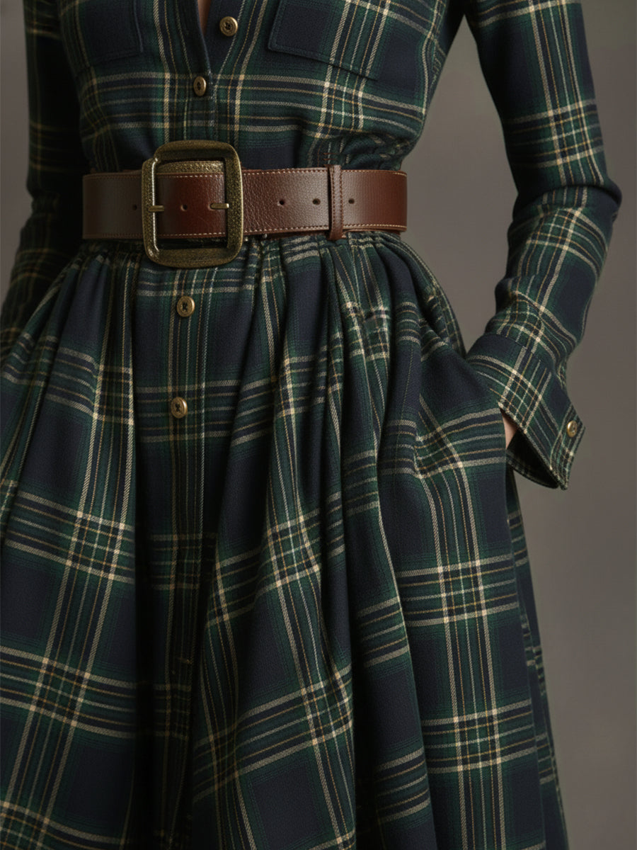 Damen Maxikleid mit Karomuster und Gürtel