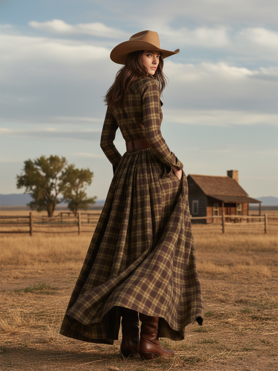 Damen Maxikleid mit Karomuster und Gürtel
