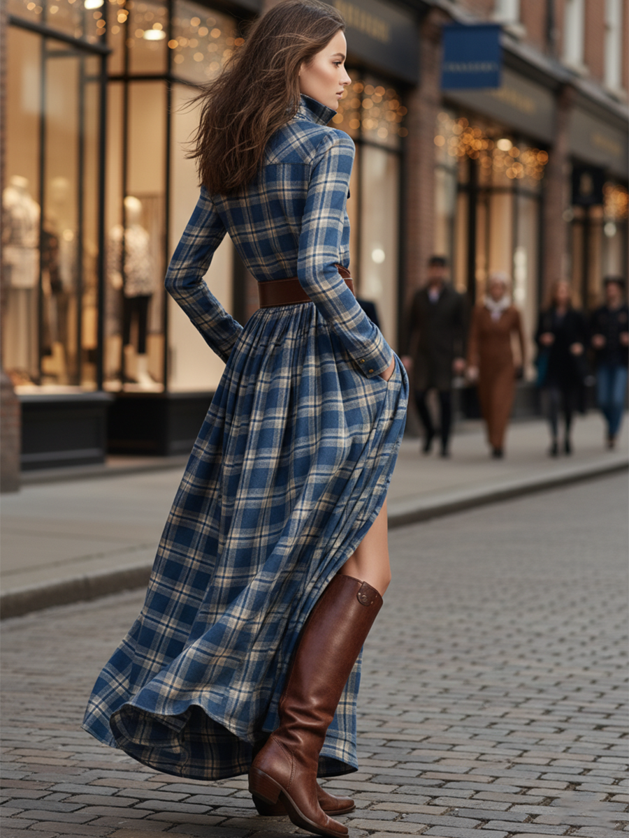 Damen Maxikleid mit Karomuster und Gürtel