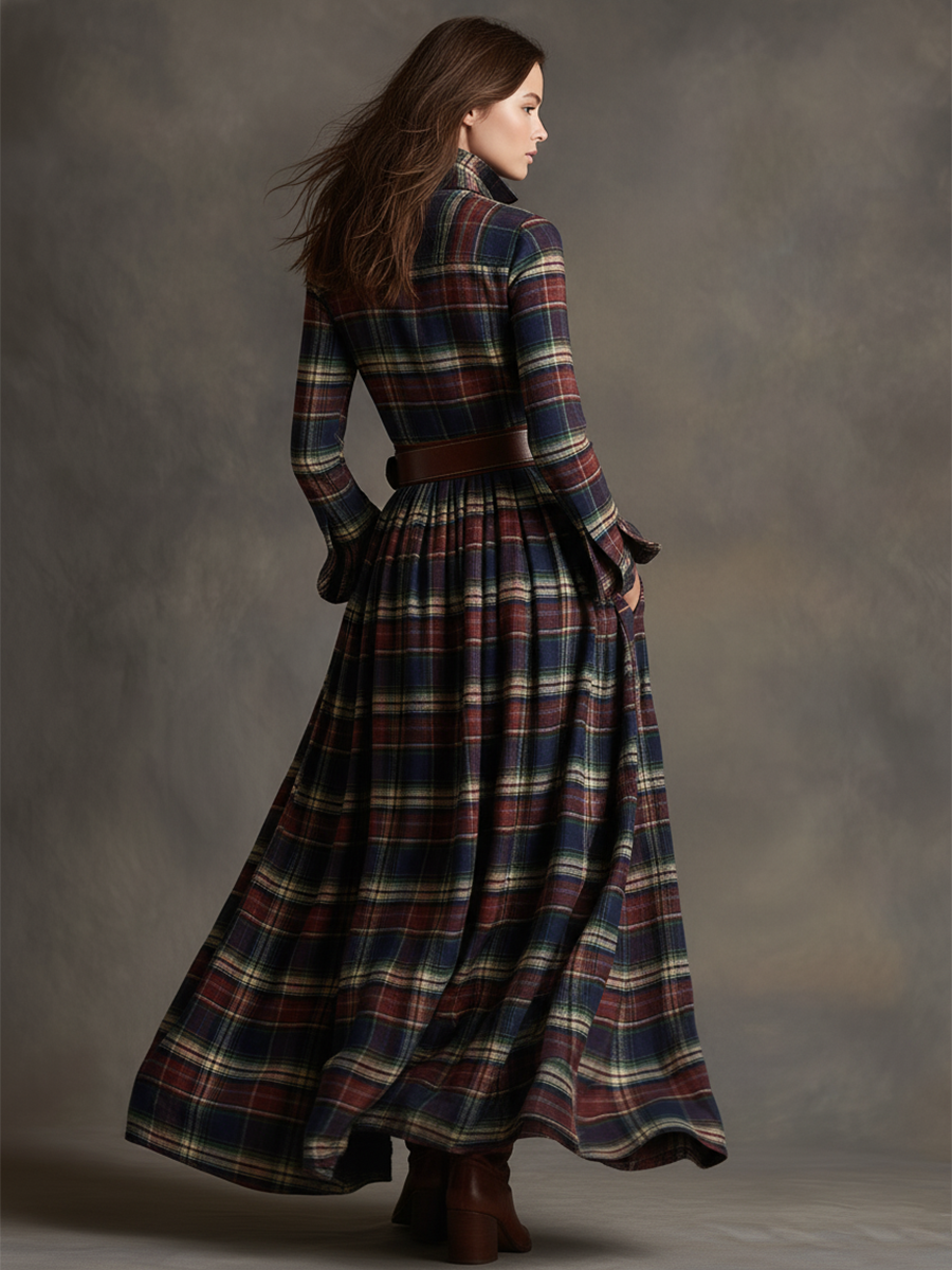 Damen Maxikleid mit Karomuster und Gürtel