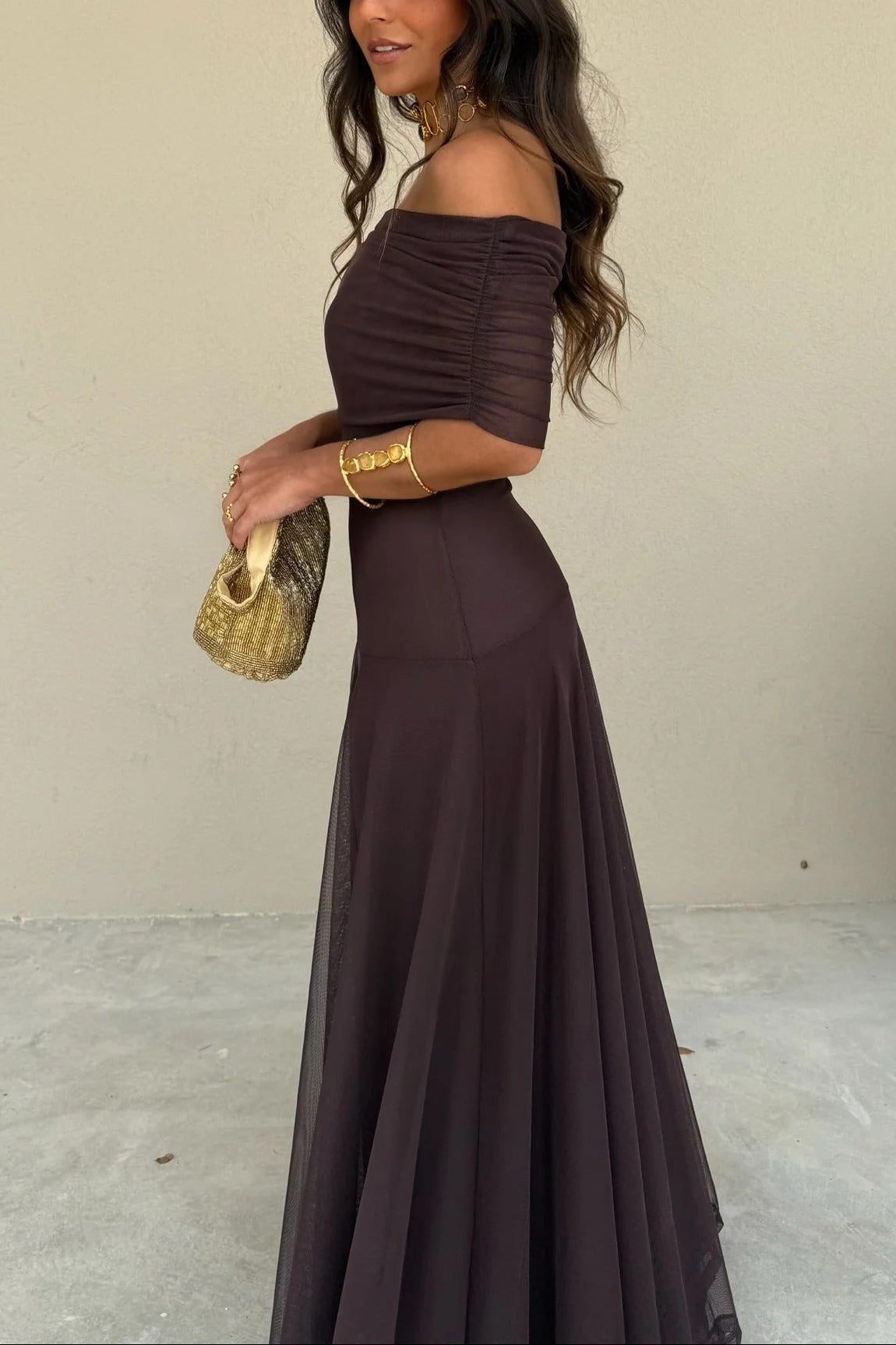 Damen One-Shoulder Maxikleid aus Mesh